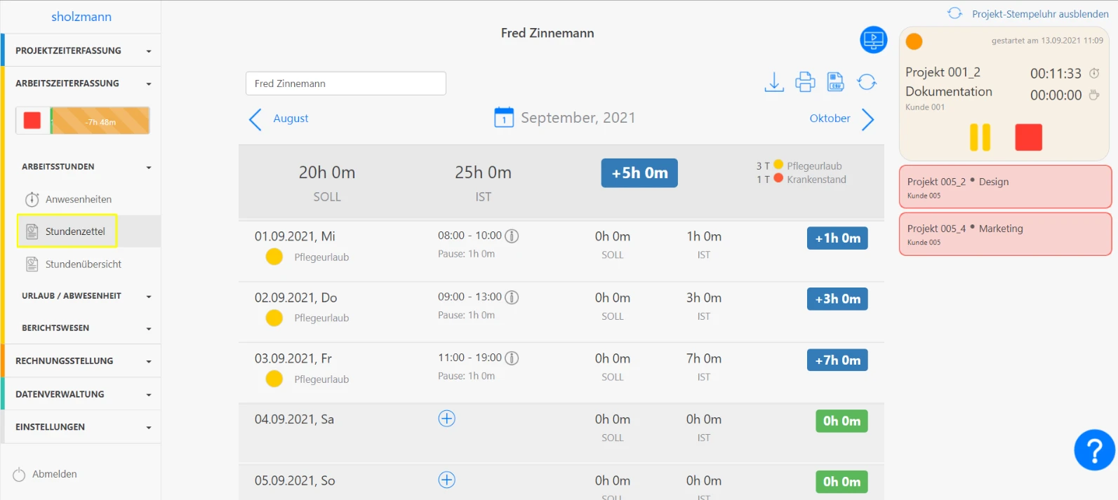 Projekt-Stempeluhr Stundenzettel