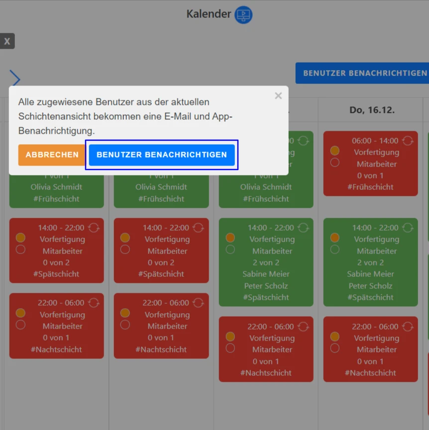 Einstellungen für den Schichtplan - Mitarbeiter über die Schicht