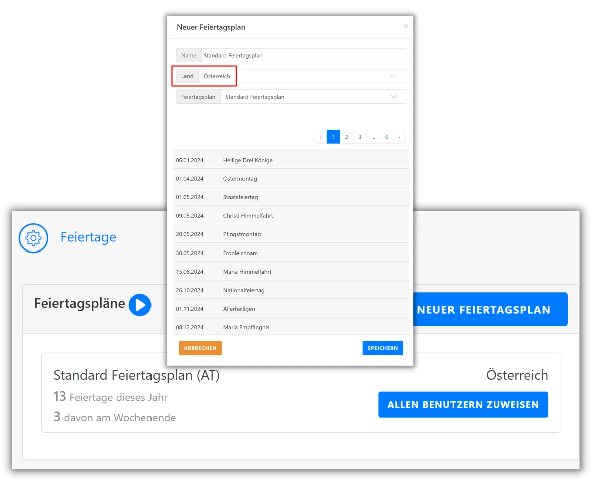 Screenshot der Timetrack Software zeigt die Einstellungen für Feiertage. Ein Fenster "Neuer Feiertagsplan" ist geöffnet, wobei das Land Österreich ausgewählt ist. Die Liste der Feiertage wird angezeigt. Im Hintergrund ist die Übersicht der Feiertagspläne mit einer Schaltfläche "Neuer Feiertagsplan" und "Allen Benutzern zuweisen" sichtbar.