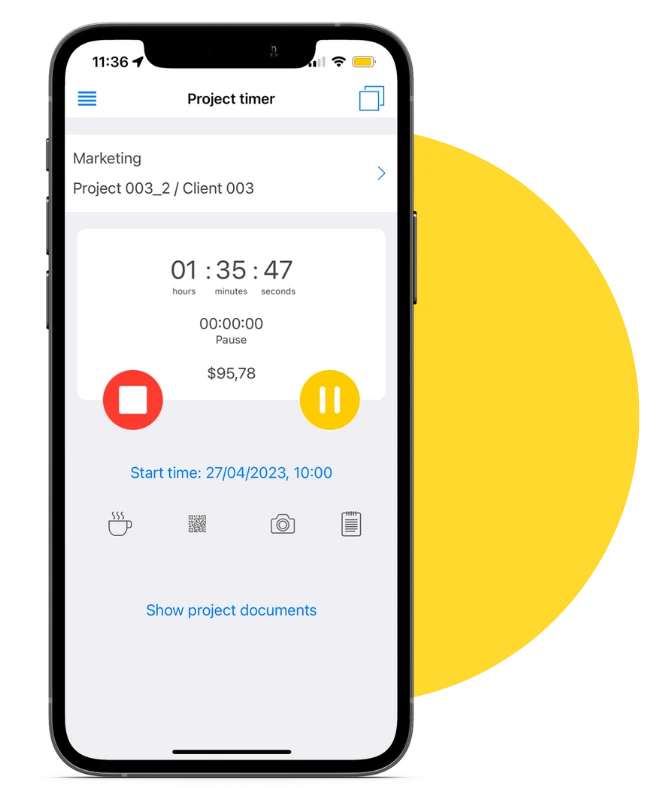 Ein Smartphone-Bildschirm zeigt eine Projekt-Timer-App von TimeTrack, die die Laufzeit und den Verdienst für ein Marketing-Projekt anzeigt. Es gibt Schaltflächen zum Starten, Pausieren und Beenden des Timers.