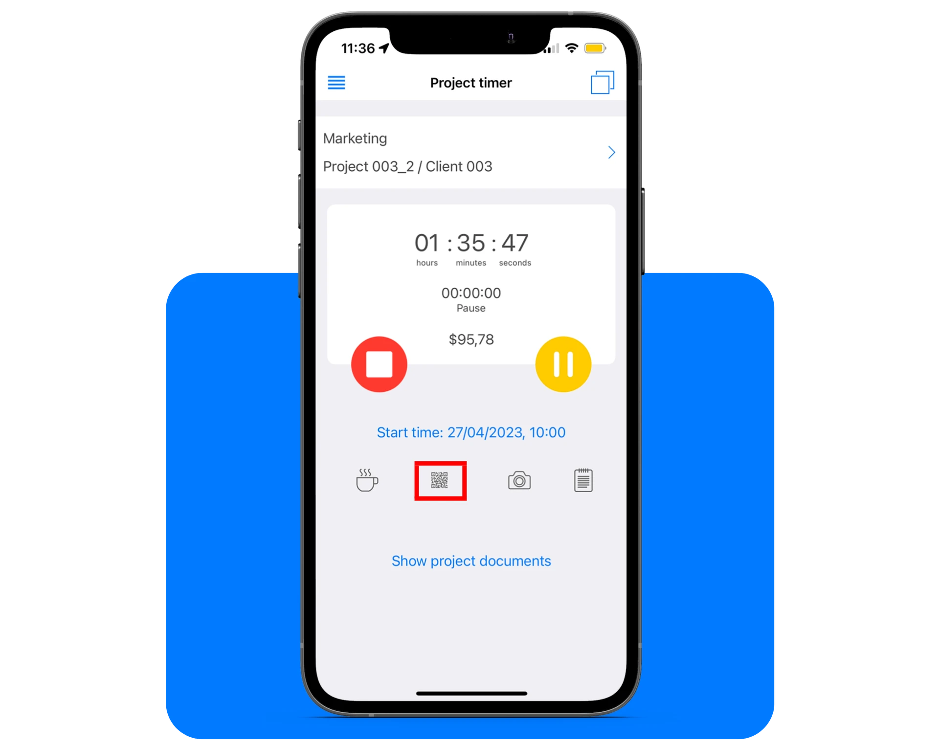 Smartphone-Bildschirm mit einer Projekt-Timer-App.