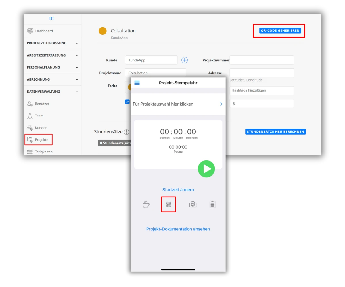 Screenshot einer Projektmanagement-Software TimeTrack. Links ist eine Seitenleiste mit Menüpunkten wie 'Dashboard', 'Projektzeiterfassung', 'Arbeitszeiterfassung', 'Personalplanung', 'Abrechnung', 'Datenverwaltung' und 'Tätigkeiten'. Der Menüpunkt 'Projekte' ist rot markiert. Rechts ist eine Eingabemaske für ein Projekt mit Feldern für Kunde, Projektnummer, Adresse und Hashtags. Zwei blaue Buttons: 'QR-Code generieren' und 'Stundensätze neu berechnen'. In der Mitte ist eine Projekt-Stempeluhr mit 00:00:00 und verschiedenen Symbolen darunter, einschließlich eines QR-Code-Symbols.