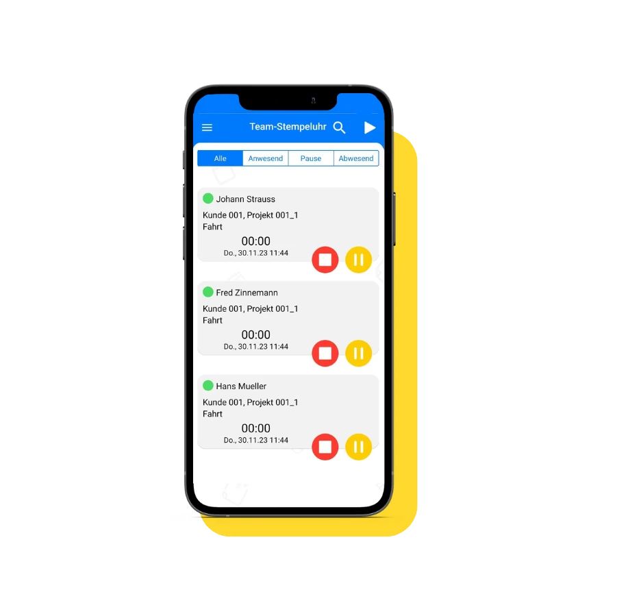 Ein Screenshot zeigt die Benutzeroberfläche der TimeTrack-Software mit der Funktion 'Team-Stempeluhr'. Auf dem Bildschirm sind mehrere Zeiteinträge für verschiedene Mitarbeiter zu sehen, die jeweils die Dauer der gestempelten Zeit, die Aufgabe und den Namen des Mitarbeiters anzeigen. Die Zeiteinträge sind in einer übersichtlichen Tabelle angeordnet, die eine einfache Nachverfolgung und Verwaltung der Arbeitszeiten ermöglicht. Links im Menü sind verschiedene Optionen und Funktionen der Software sichtbar.